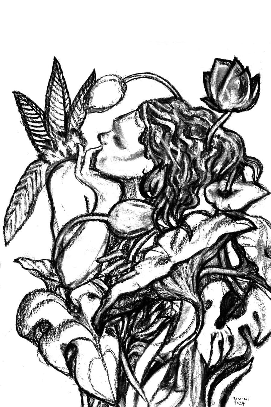 Charcoal illustration of a woman lifting her face among lotus blooms and leaves — drawn by Yamini
