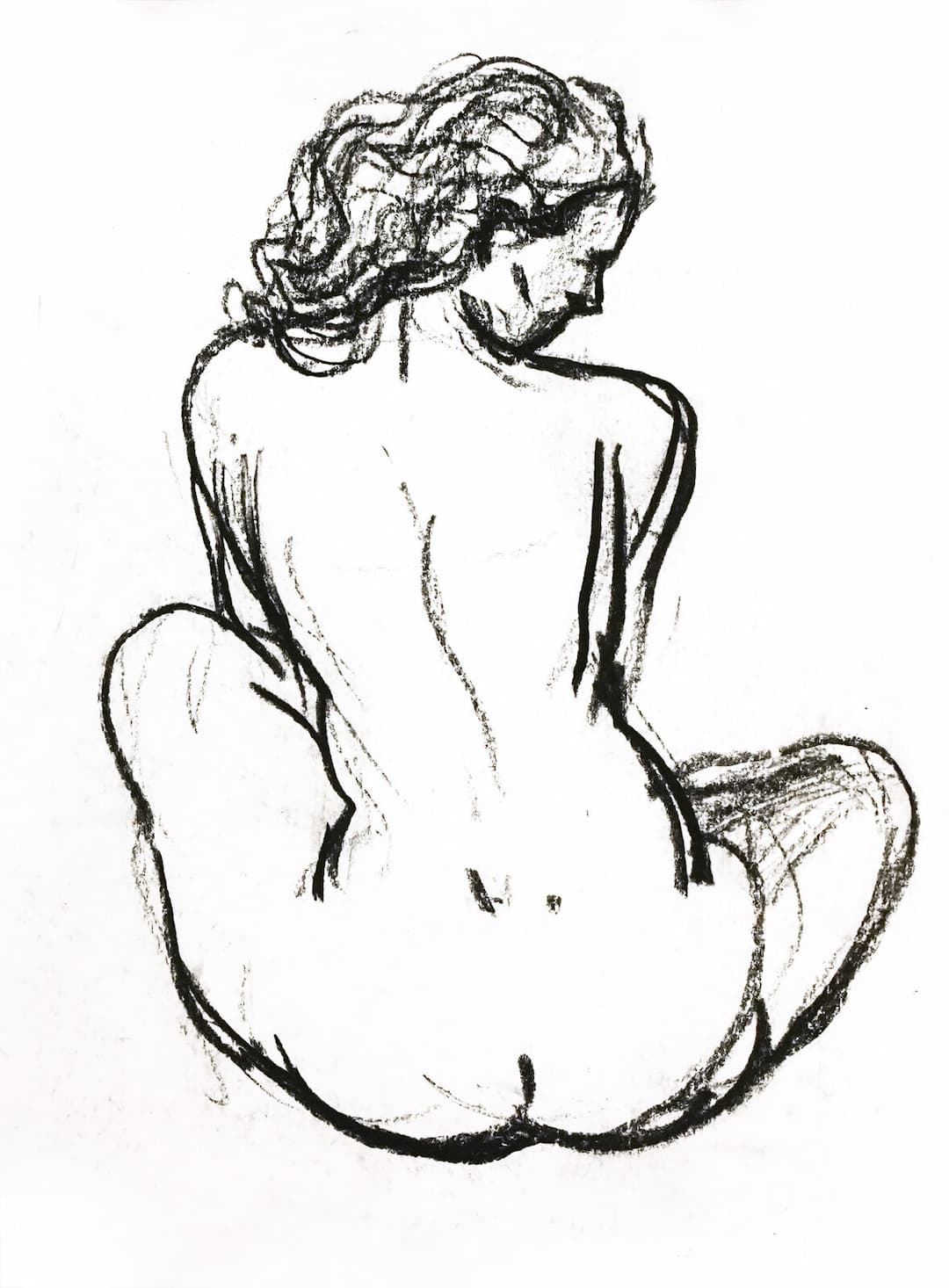 Charcoal illustration of a seated woman seen from behind