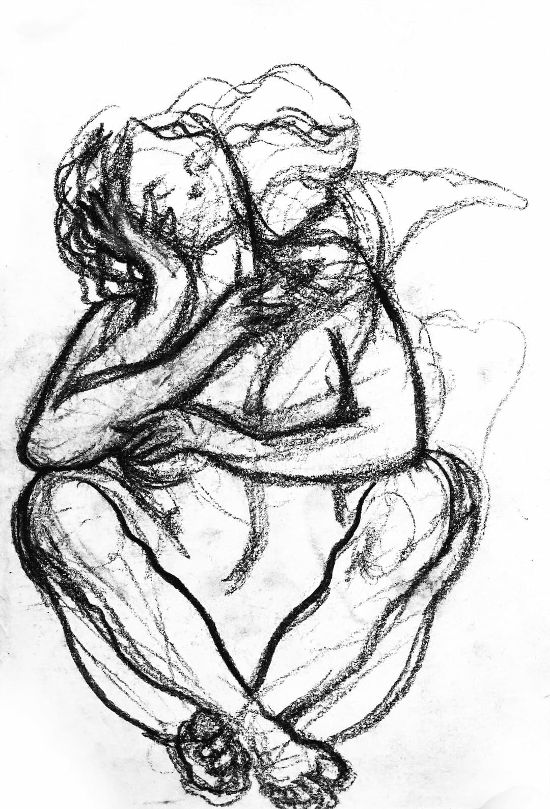 Charcoal illustration of a figure curled inward, holding herself