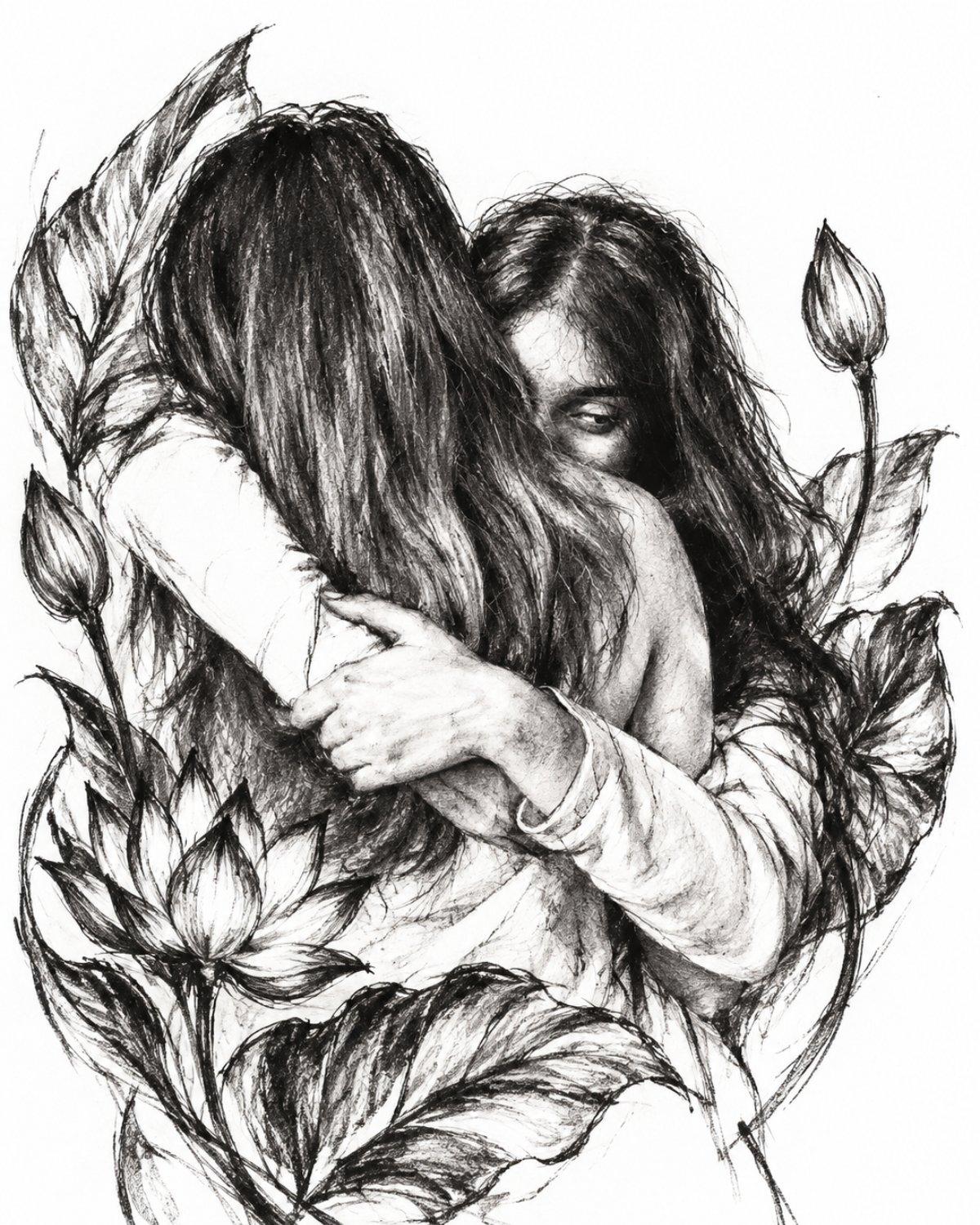 Charcoal sketch of a mother and daughter embracing among lotus blooms and leaves