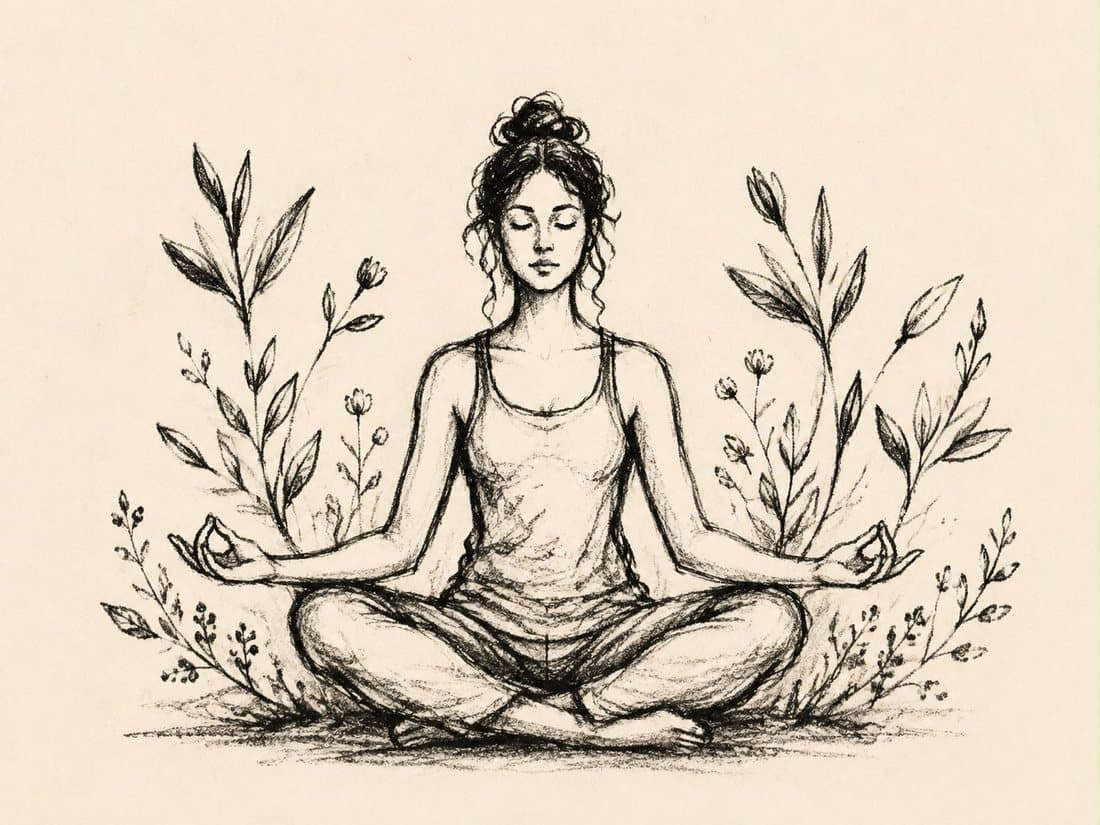 Pencil sketch of a woman meditating cross-legged among flowering plants