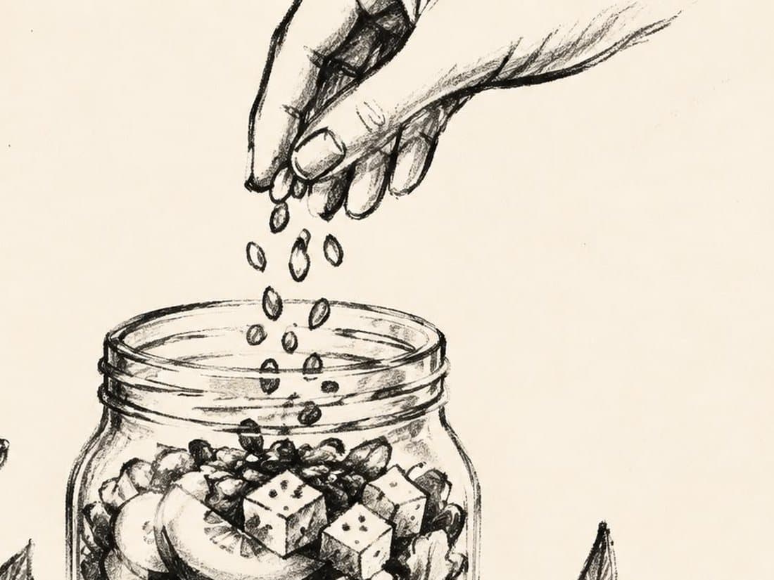 Pencil sketch of a hand sprinkling a scoop of seeds into a jar