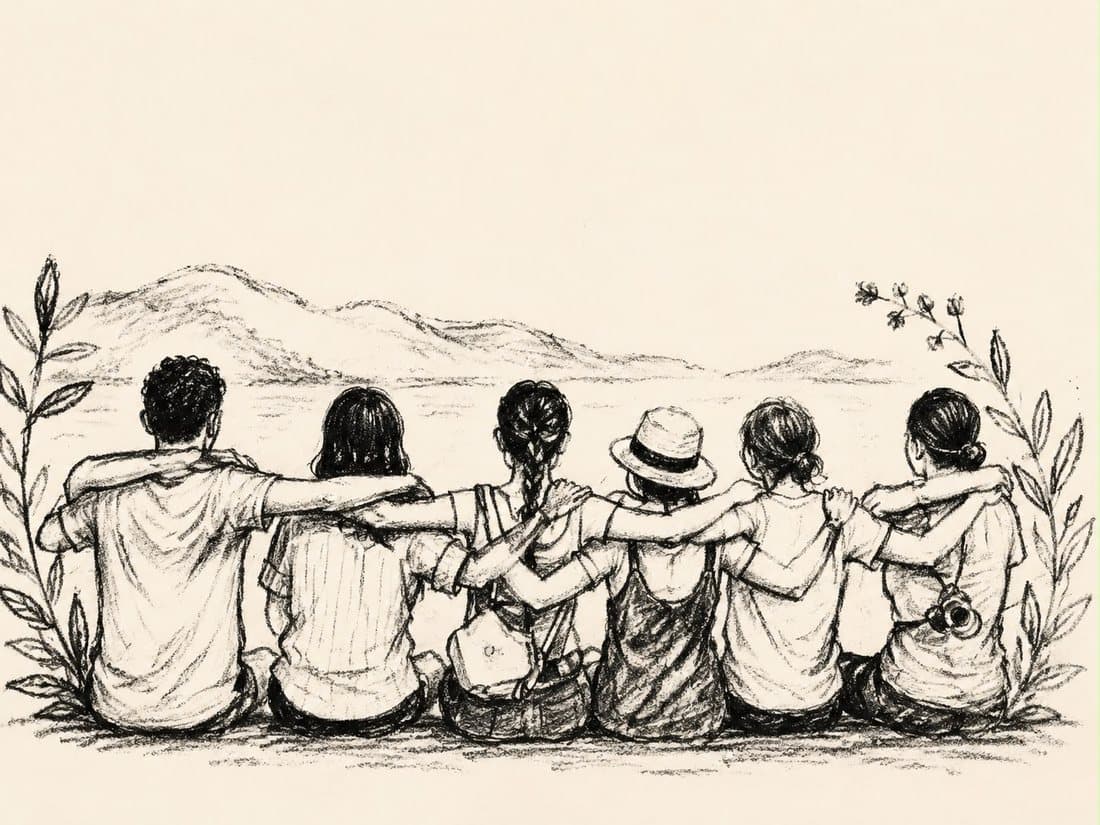Pencil sketch of friends sitting arm in arm, facing the hills together