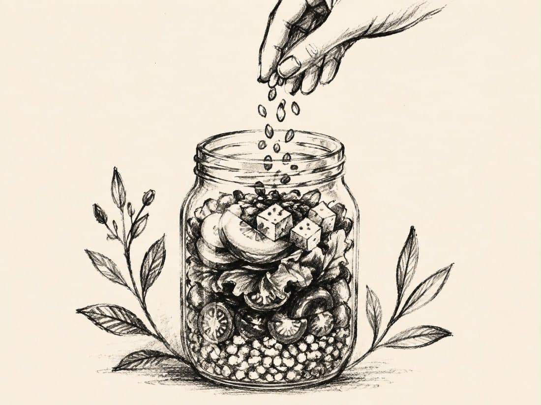 Pencil sketch of a hand sprinkling seeds into a jar of fresh food