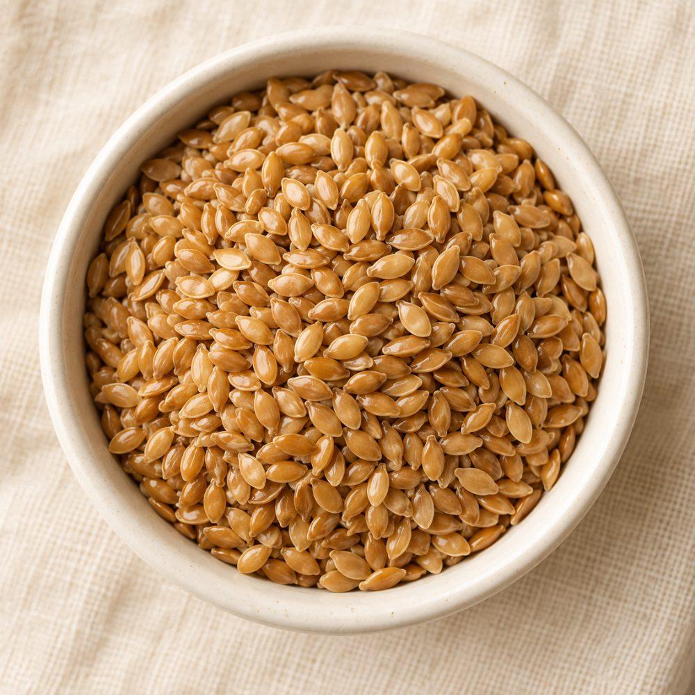 Macro photograph of raw flax seeds in a small ceramic bowl