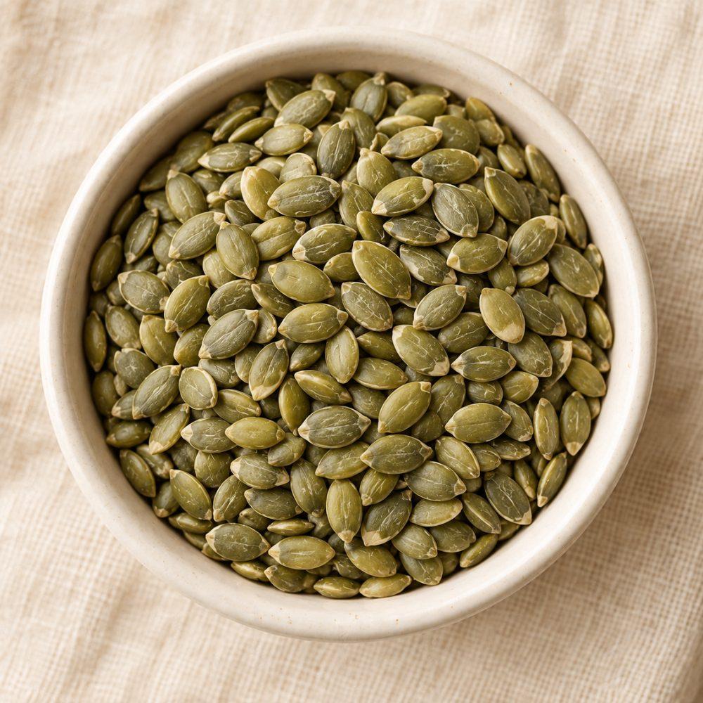 Macro photograph of raw pumpkin seeds in a small ceramic bowl