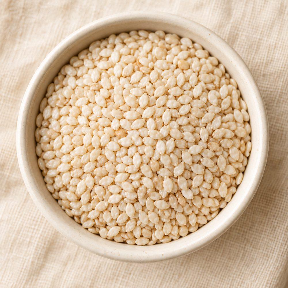Macro photograph of raw sesame seeds in a small ceramic bowl
