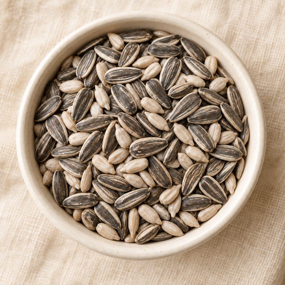 Macro photograph of raw sunflower seeds in a small ceramic bowl