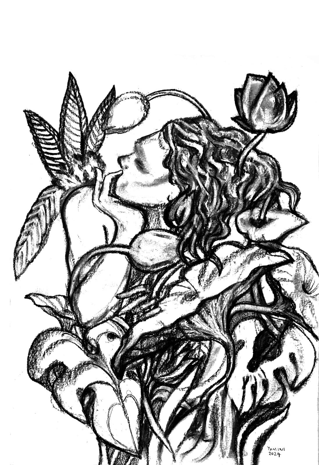 Charcoal illustration of a woman in profile emerging from a grove of leaves and blossoms — signed by Yamini