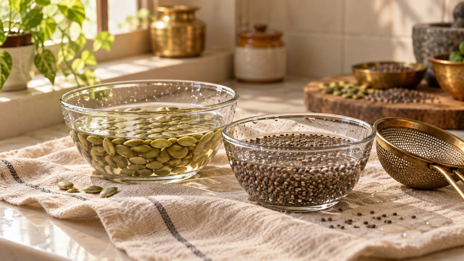 Bowls of seeds soaking in water on cream linen, a brass strainer beside them