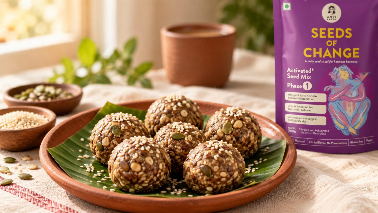 Seed laddoos on a banana leaf and terracotta plate, the Seeds of Change pack behind
