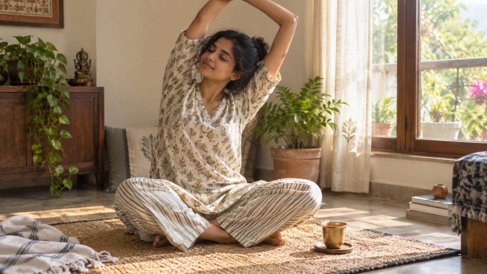 A woman stretching gently on a woven mat by a bright window